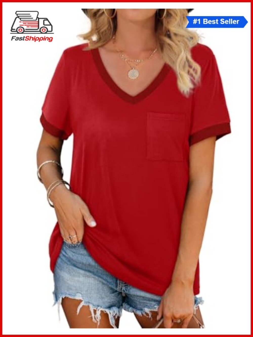 ✨ Womens V Neck Short Sleeve Loose Casual Summer T Shirt with Pocket